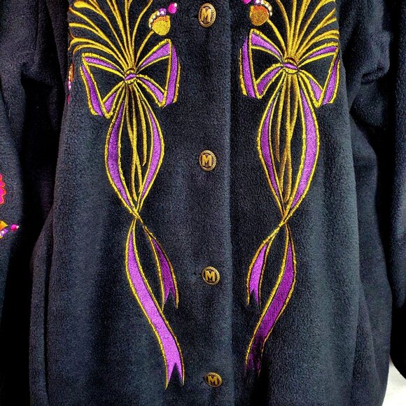 Bob Mackie Wearable Art Black Floral Embroidered Button-Up Soft Fluffy Coat 1X - Picture 10 of 11